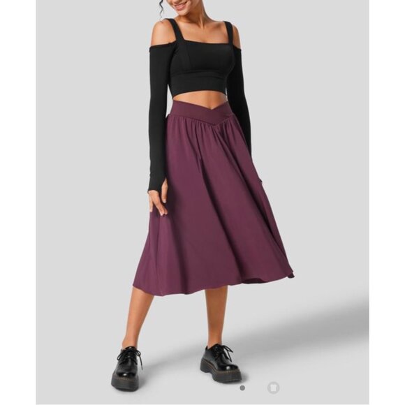 Halara Breezeful Crossover High Waisted 2-in-1 Midi Flare Skirt sz Small Burgund - Picture 2 of 16